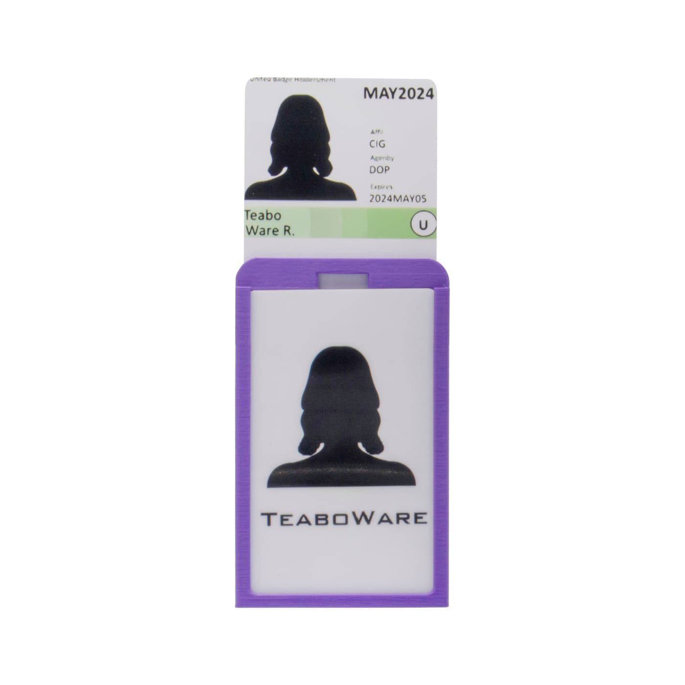 Purple RSA badge holder with ID card sliding in